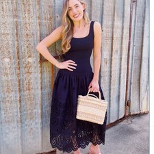 Current Air Navy Blue Pointelle Knit Scoop Neck Eyelet Fit & Flare Dress L