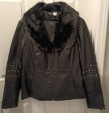 Bradley Black Leather Edgy Punk Moto Jacket Studs Zippers Faux Fur Collar L Rock