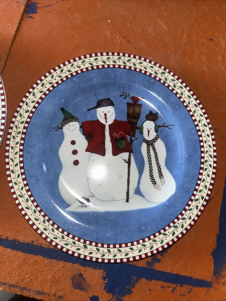 1997 Sakura Debbie Mumm Set 4 Snowman 8" Salad Dessert Plates Christmas Orig Box - Image 2 of 4