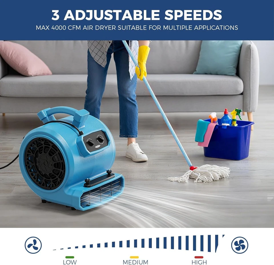 ALORAIR GE4000TC 4000 CFM 1 HP Air Mover Carpet Dryer Blower Floor Fan - Blue - Image 4 of 4