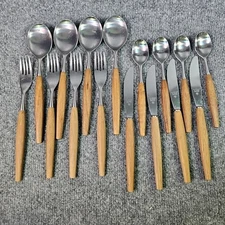 Vtg E.D. WUSTHOF DREIZACK Teak Wood Handle Flatware Set X 4 People MCM Rostfrei 