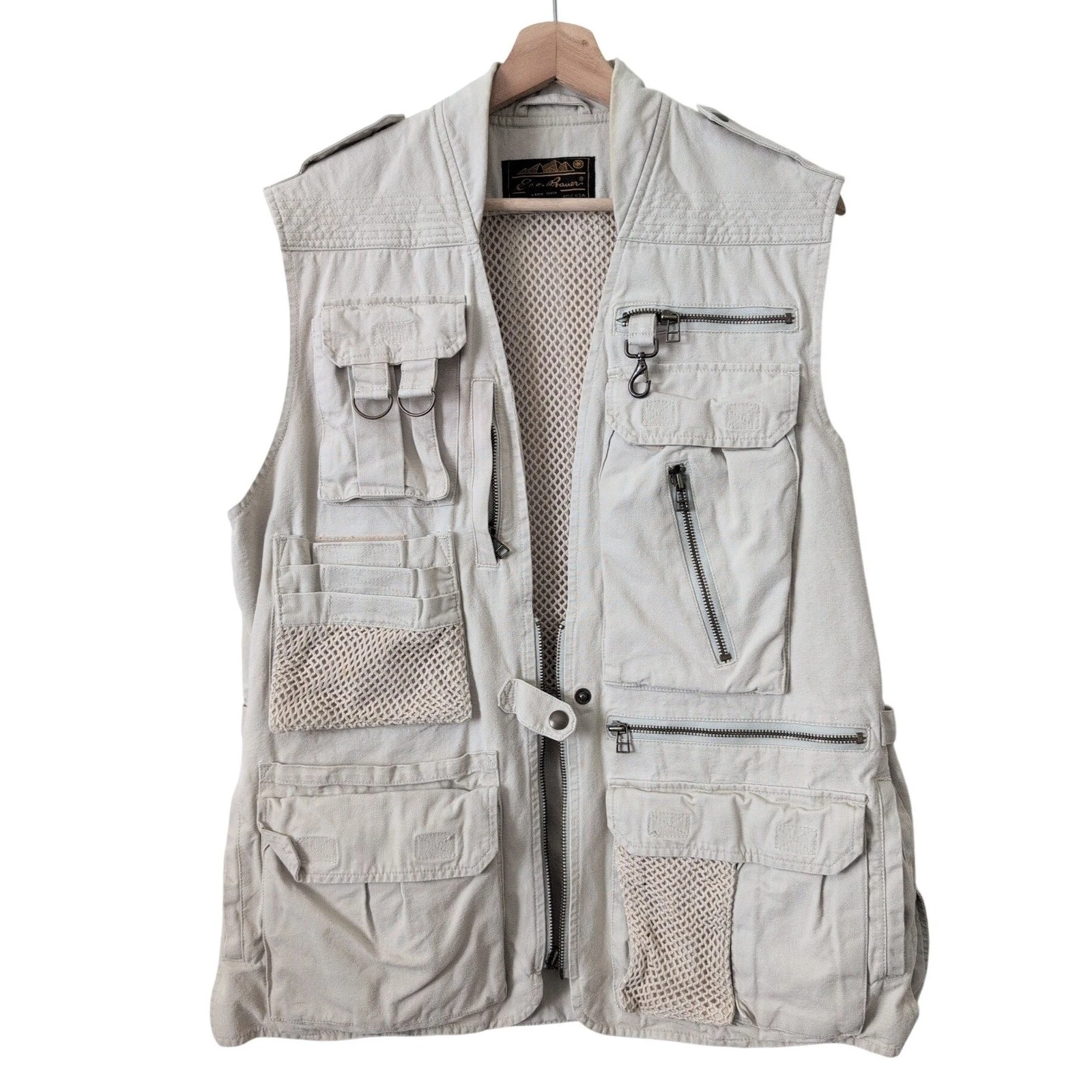 Eddie Bauer Vintage Mens Small Utility Fishing Vest Beige Explore Safari Pocket