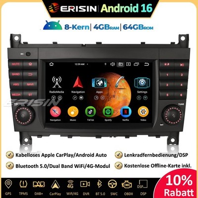 8-Kern Android 16 Autoradio GPS DAB+CarPlay 4G Mercedes CLC/G/C Klasse W203 W463