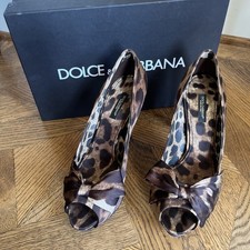 PRISTINE Dolce & Gabbana Leopard Satin Bow Peep-Toe Platform Pumps Sz 37.5 W BOX