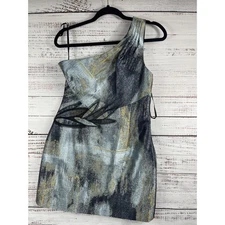 Nine West Dress Women's 12P One Shoulder Metallic Abstract Mini Side Zip Party