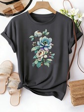 Women Floral Bouquet Print Short Sleeve Round Neck Soft Stretchy T-shirt Tops  