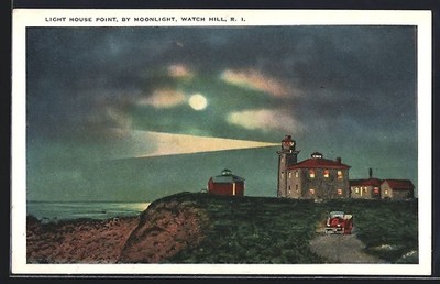 Künstler-AK Watch Hill, Light House Point by Moonlight 