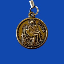 Pieta and St Christopher Catholic Medal Vintage Brass 7/8" Round Relief Images