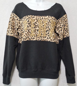 Victoria's Secret PINK Sweatshirt Black Leopard Print & Logo Spellout Gold Studs