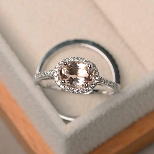 2ct Natural Peach Morganite Ring Bridal Set Halo 14K White Gold Plated - Picture 2 of 7