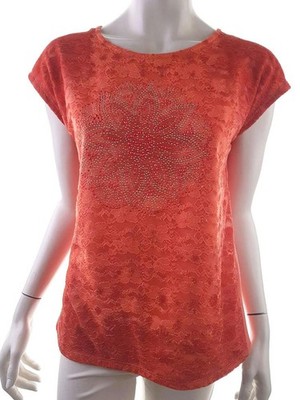 ANNA ROSE Damen Bluse Gr. M Orange Kurzer Ärmel Spitzenstickerei Runder