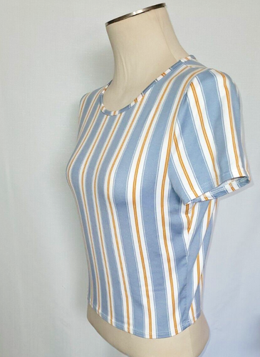 Womens Juniors Striped Blue Short Sleeve Shirt Top By GAZE Size: Large - Picture 6 of 15