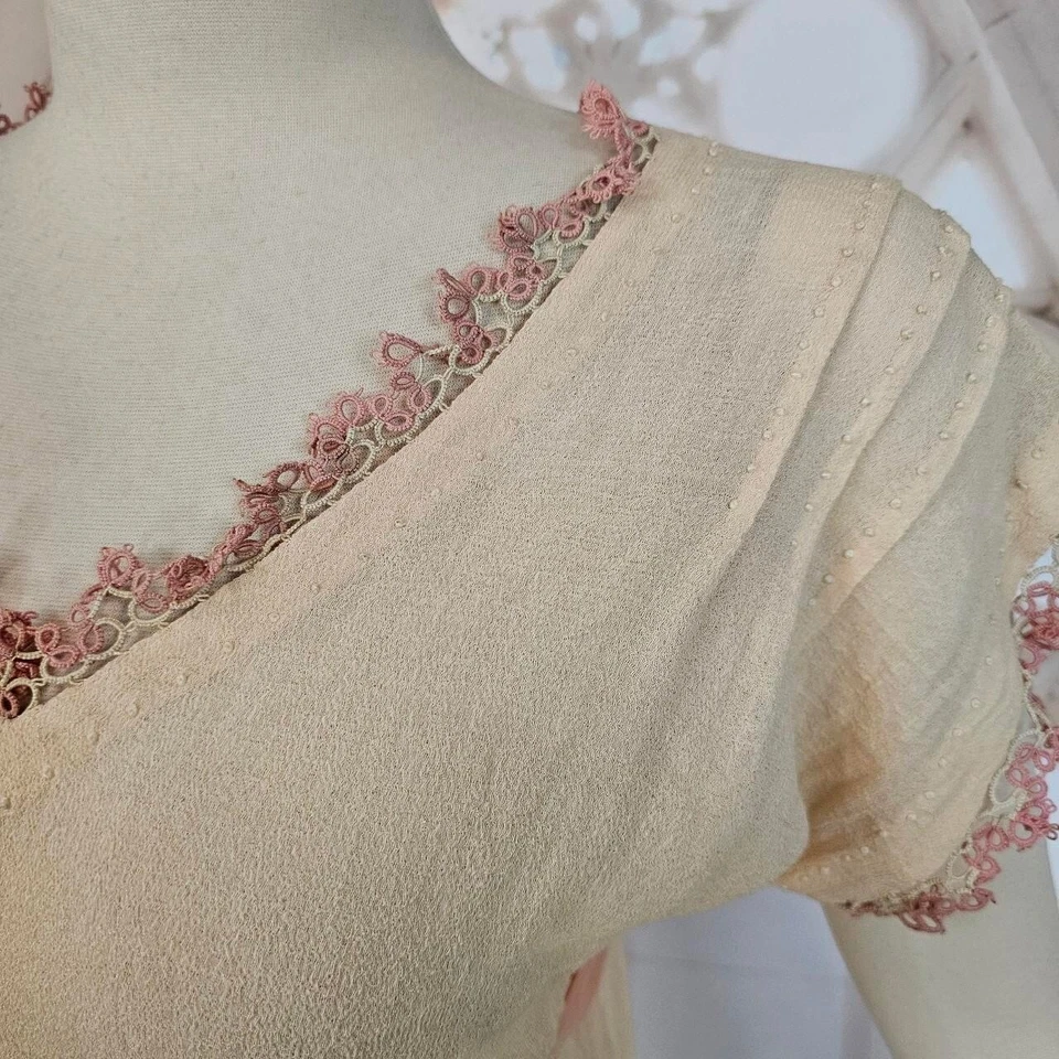 Antiguo Maxi Vestido Lencería Vintage Años 30 Único Rosa Hecho a Mano Foto 3 de 4