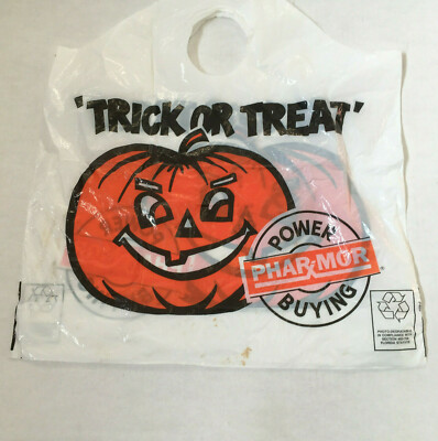 Defunct phar mor power buying plastic trick or treat pumpkin graphics bag