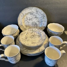 222 Fifth Adelaide 16 Pc Grey Porcelain Fine China Dinnerware Set 4 Places EUC
