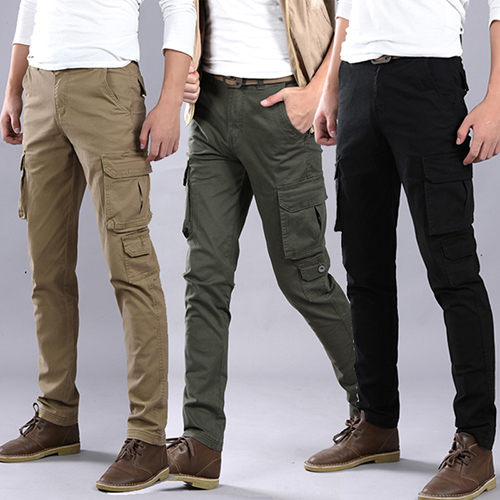 Mens Slim Fit Skinny Casual Cargo Overalls Pants Pocket Long Military Trousers #