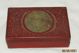 Antique Chinese Wood Cinnabar Red Lacquer Box Carving Jade Insert Top Floral