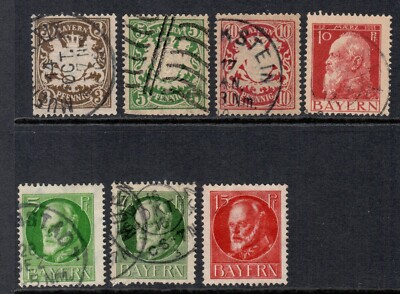 Bavaria Bayern German State 7 Different Postage Stamps Circa 1888-1920