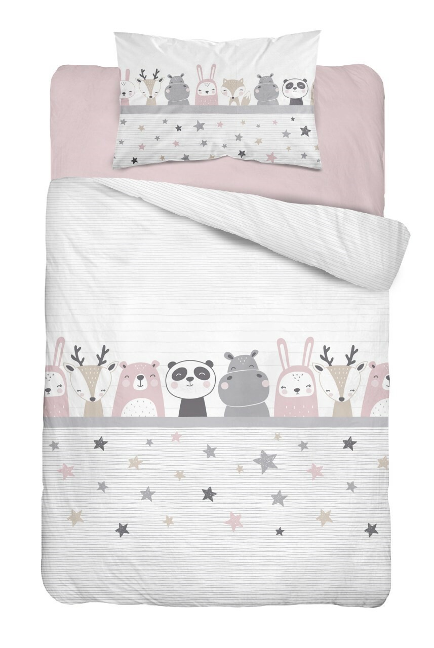 SET LENZUOLA BAMBINA, LENZUOLO ADERENTE, ROSA PASTELLO GRIGIO PURO COTONE