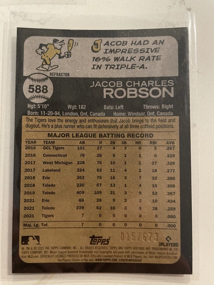 2022 Topps Heritage High Number Chrome Refractor #d /673 Jacob Robson Rookie RC - Image 2 of 2