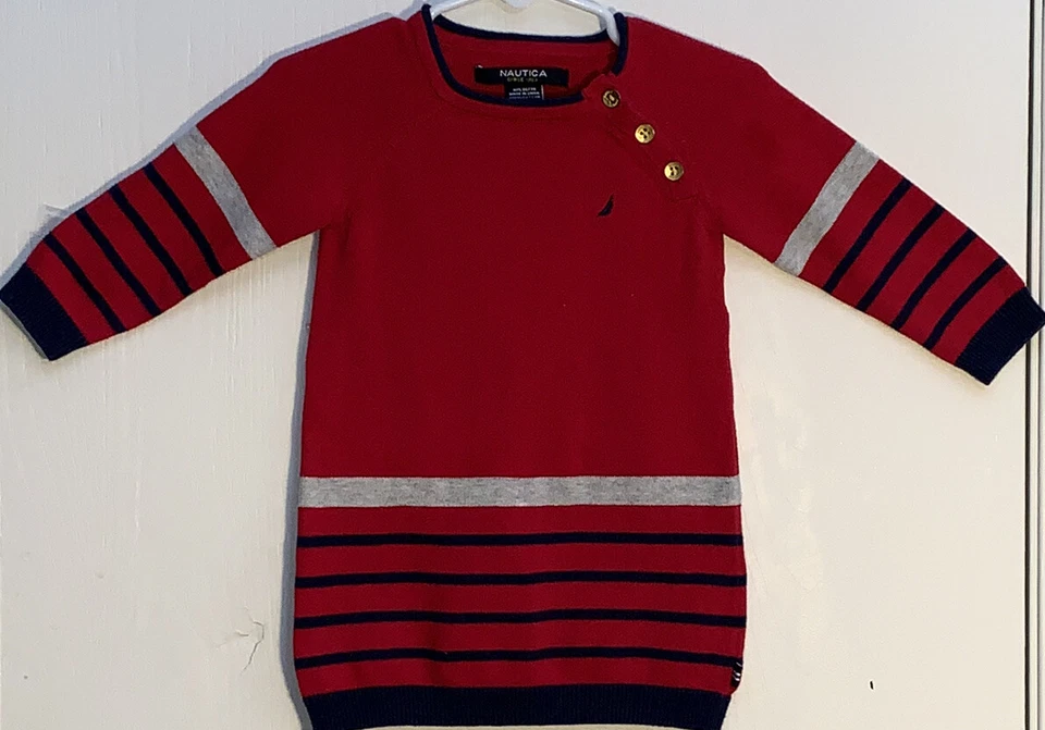 Vestido Suéter Nautica Bebé Niña 12M Manga Larga Rojo Gris/Azul Marino Rayas Botones Foto 2 de 4
