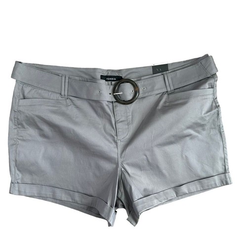 Torrid Stretch Sateen Mid Rise Belted Gray Shorts Cuff Hem Womens Size 28 NEW