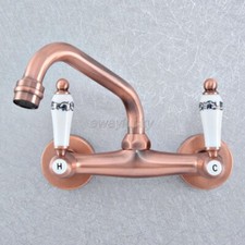 Red Copper Wall Mounted Double Handles Swivel Bathroom Sink Faucet Mixer Tap