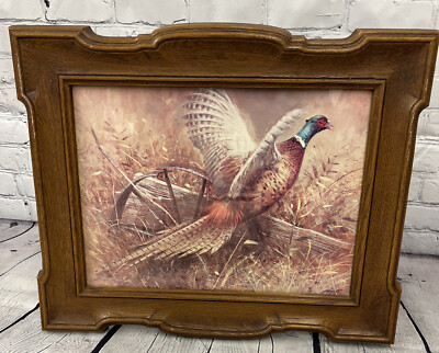 Pheasant Hunting Robert K. Abbott Framed Vintage Picture 1970s 21.5 x 17 