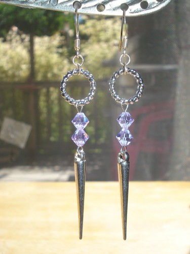 3 1/8" Drop Silver Plate Dagger Spike Alexandrite Austrian Crystal Hoop Earrings - Picture 6 of 11