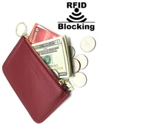IXYVIA RFID Blocking secure Leather Zip Coin Purse with keychain Dark Red