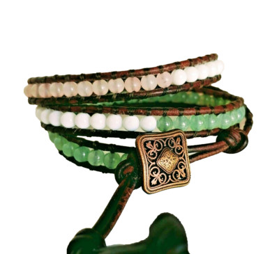 Boho Leather 3-Wrap Bracelet Spumoni Multi Color Strawberry, Pistachio, Vanilla