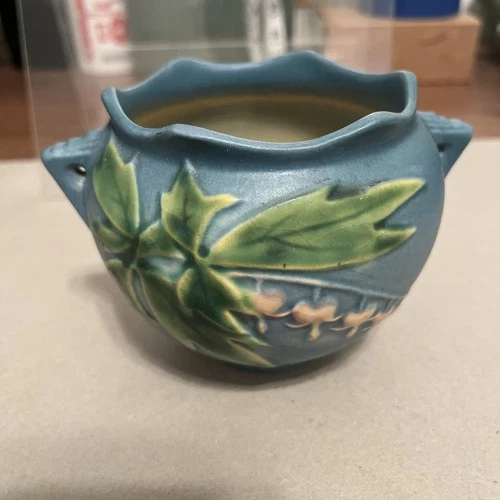 Vintage Roseville Pottery Bleeding Heart Mini Jardiniere 651-3 Blue