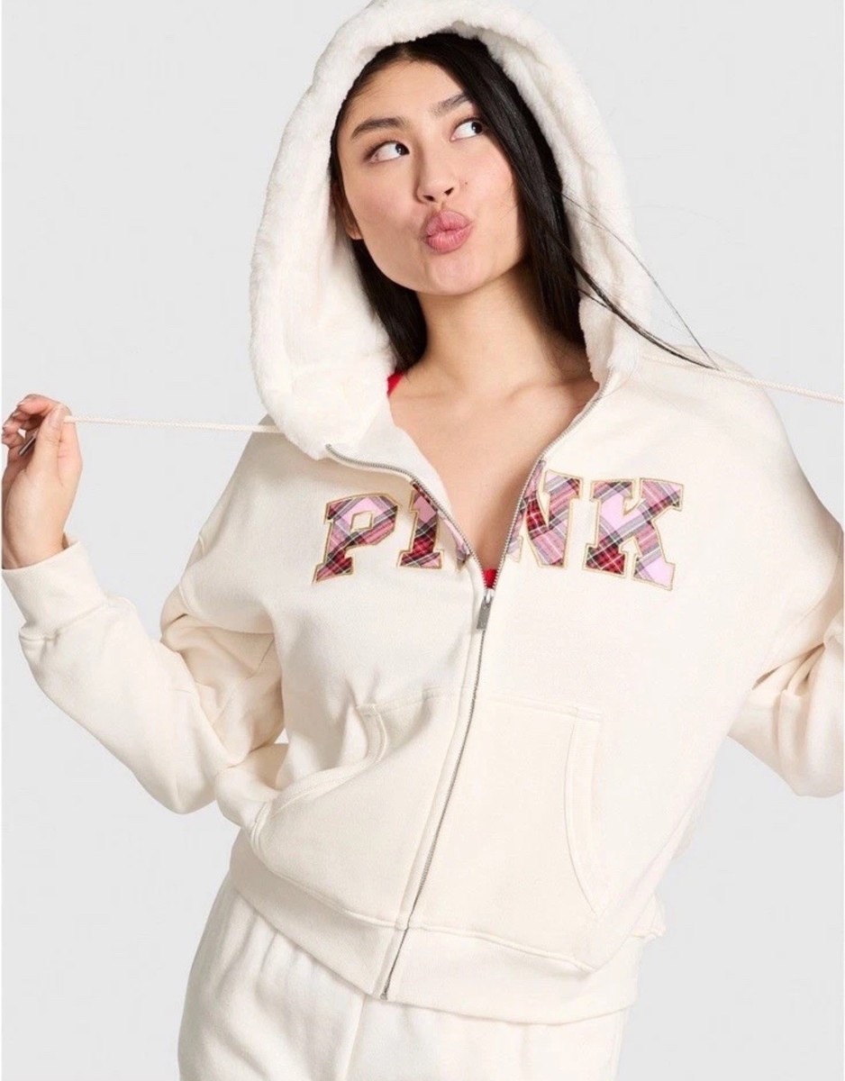専用〜ヴィクトリアシークレット新品キャンバスフリースフルジップパーカーピンクXL Victoria's Secret XL Campus Fleece Full Zip Hoodie Faux Fur Lined
