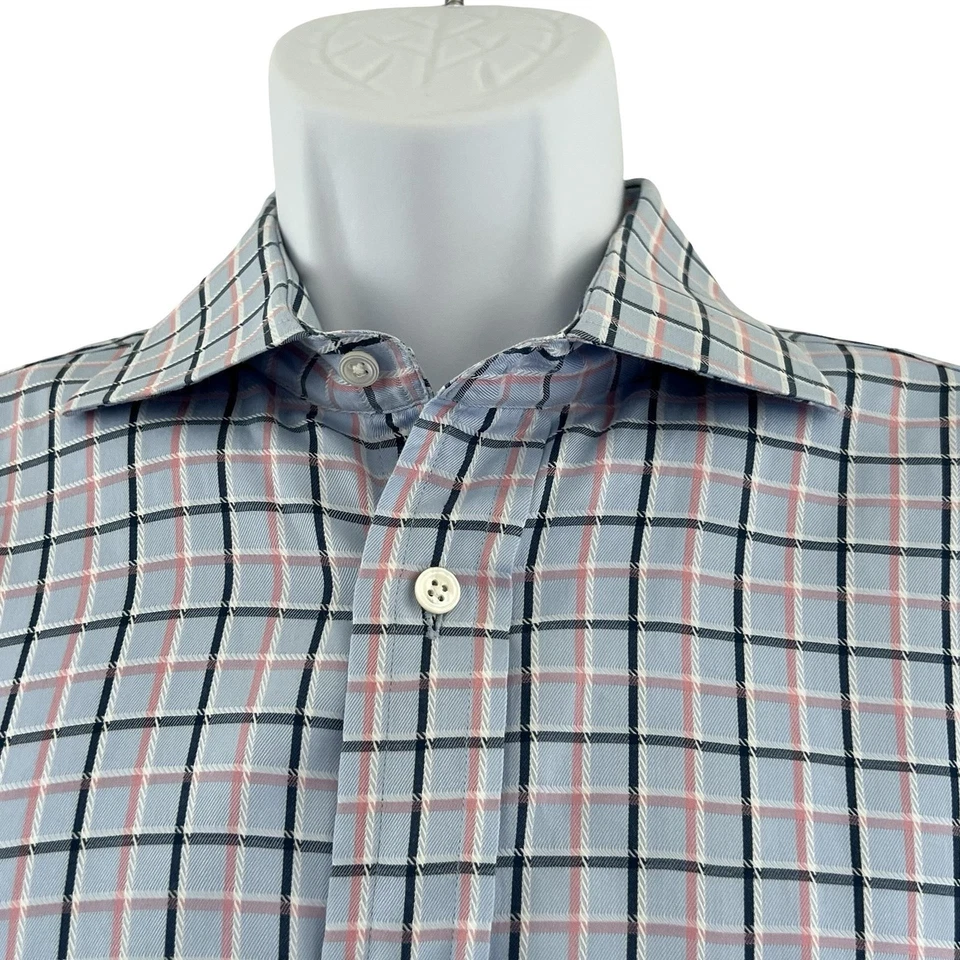 Camisa Faconnable Para Hombres XL 16.5 Azul Rosa A Cuadros Abotonada Manga Larga Algodón EE. UU. Foto 4 de 4