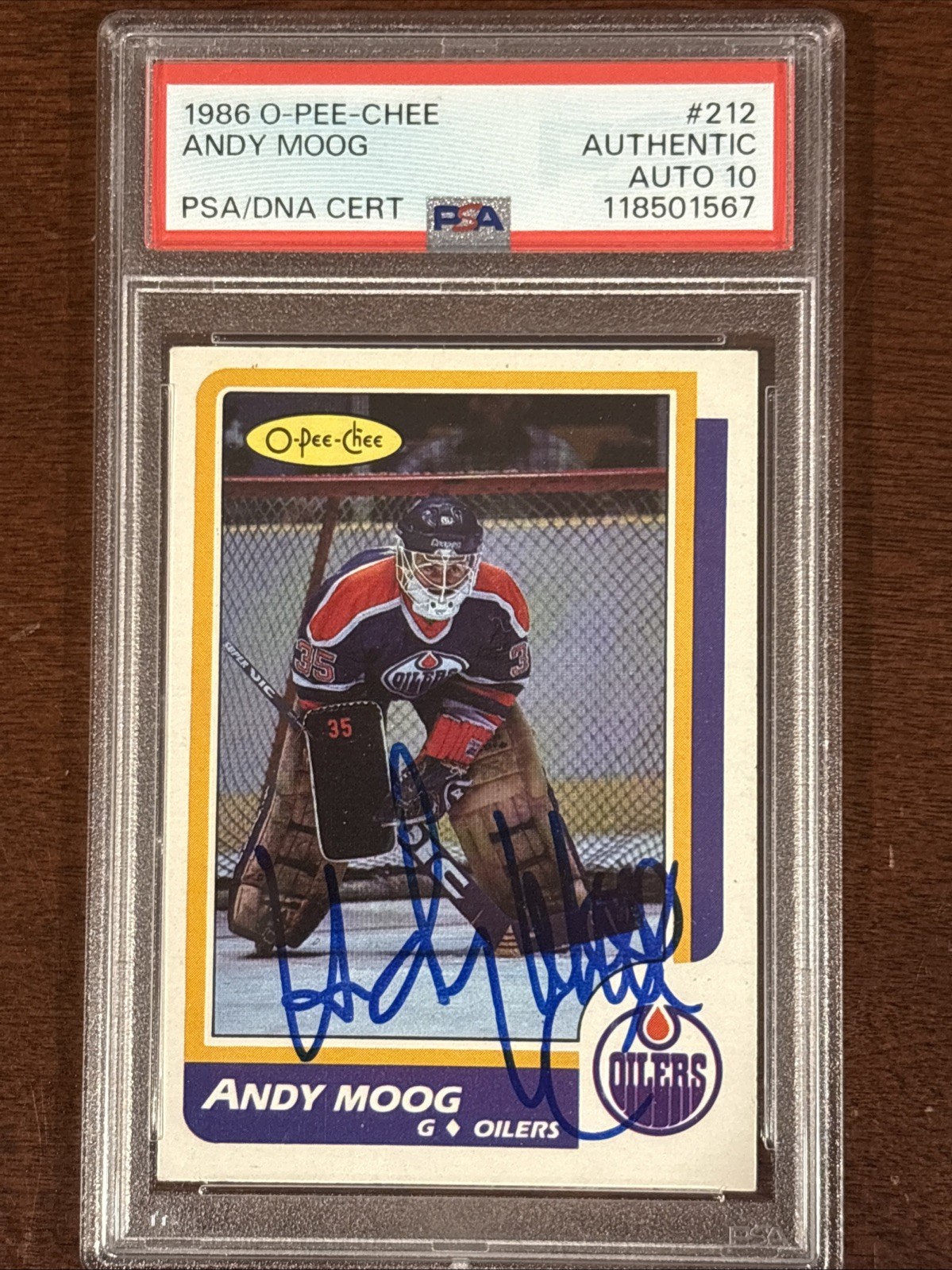1986 O-PEE-CHEE #212 ANDY MOOG OILERS PSA AUTHENTIC DNA AUTO 10