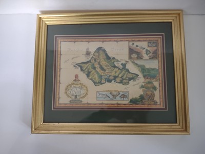 1995 Island of O'AHU by Blaise Domino Framed Matted Print w/ Cartographer Notes