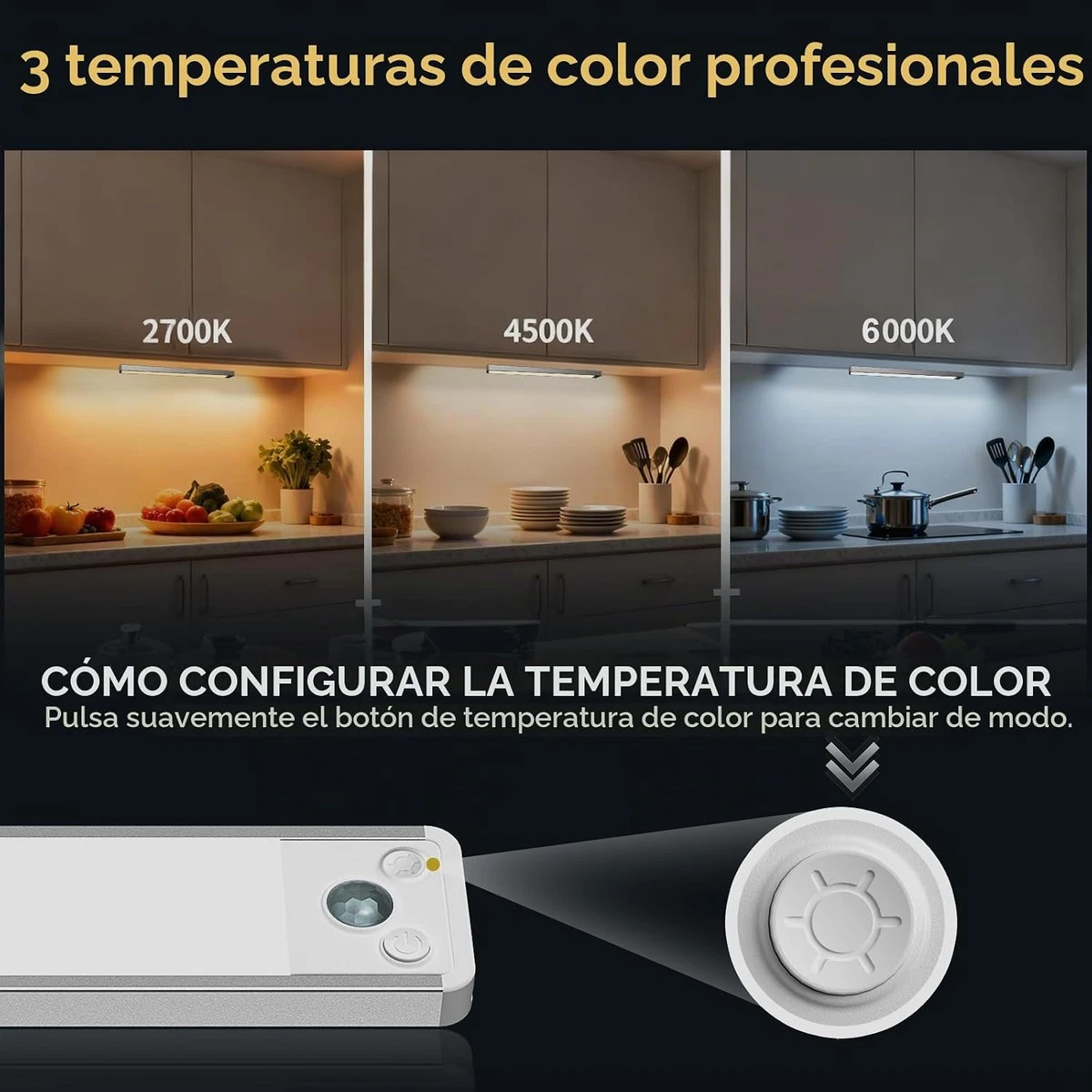 Luces LED para Cocina Bajo Gabinete con Sensor de Movimiento 20CM -3 Pack