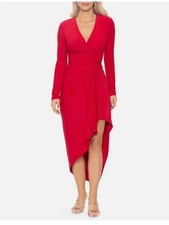 Xscape Red Faux Wrap Long Sleeve Jersey Asymmetric Dress Size 12 $218