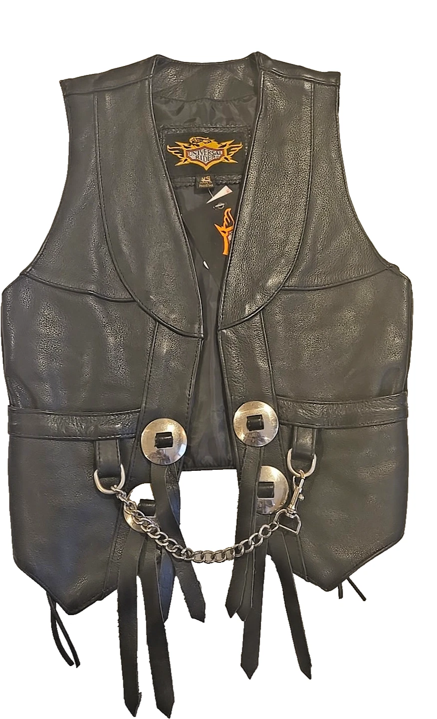 Universal Rider Black Leather Vest Side Laces 2 front Pockets Chain and conchos