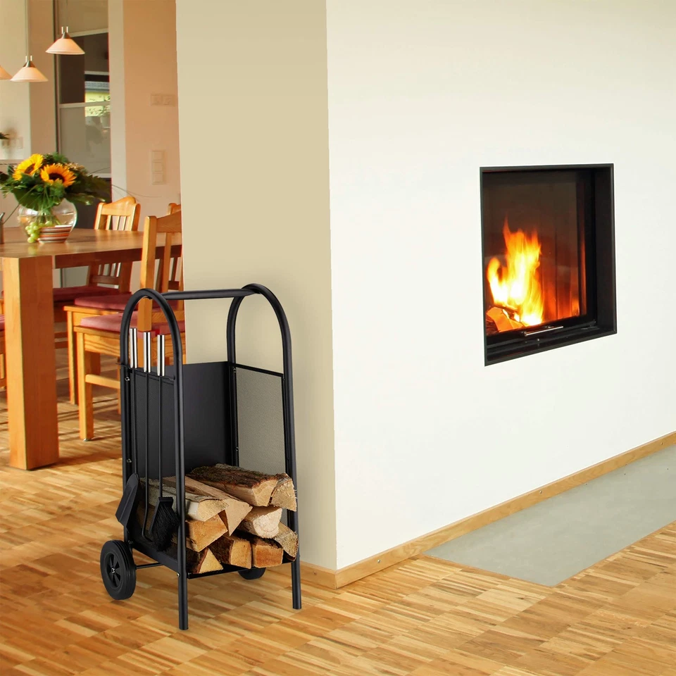 Relaxdays Carrello Portalegna con 3 Accessori Mobiletto in Acciaio da Camino - Immagine 3 di 4