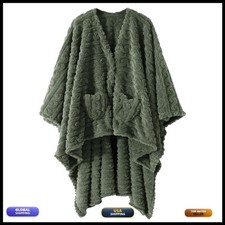 Mowkim Wearable Blanket Sherpa Fleece Shawl with Pockets Green 58'' x 64''