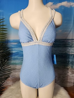 NWT Cupshe Womens One Piece Bathing Suit  V Neck Small Textured Baby Blue