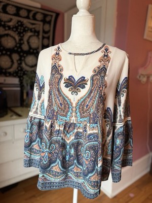 New Directions Size L Paisley Blue Blouse Top Boho Gypsy Peasant PXL
