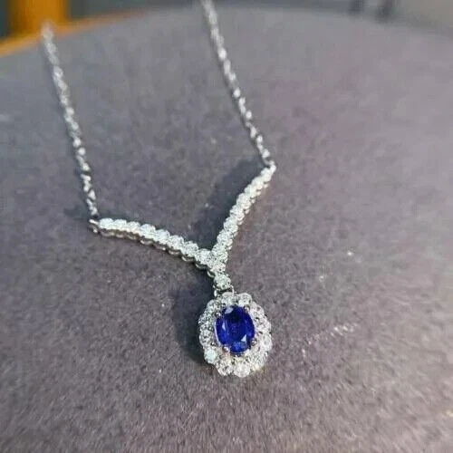 2.60CT Oval Cut CREATED Blue Sapphire Pendant 14K White Gold Plated Silver 18 - Image 4 of 4