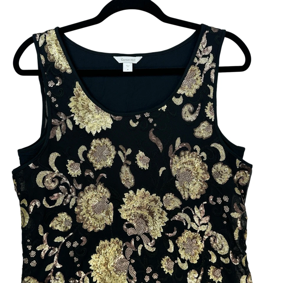 Camiseta sin mangas Garnet Hill para mujer mediana lentejuelas malla floral sin mangas caprichoso dorado Foto 2 de 4