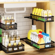 Under Sink Organizer 2-Pack, Metal 2-Tier Pull-Out Cabinet Shelf with Slide-Out