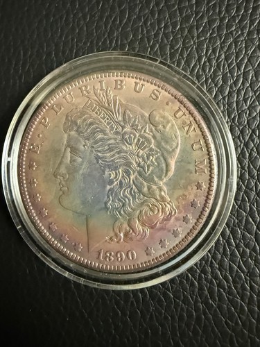 1890 Morgan Silver Dollar $1 US Coin in supporto protettivo tono arcobaleno