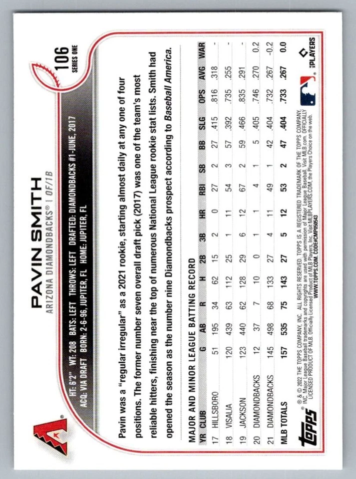 2022 Topps Pavin Smith Arizona Diamondbacks #106 - Image 2 of 2