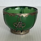 Chinese Green jade colored glass Bowls Metal Mount with Dragon & Phoenix vintage