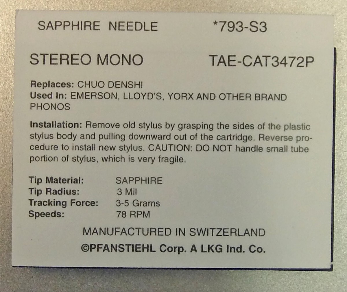 78 RPM Phonograph Needle For CROSLEY Nostalgia Models SWISS MADE! 793